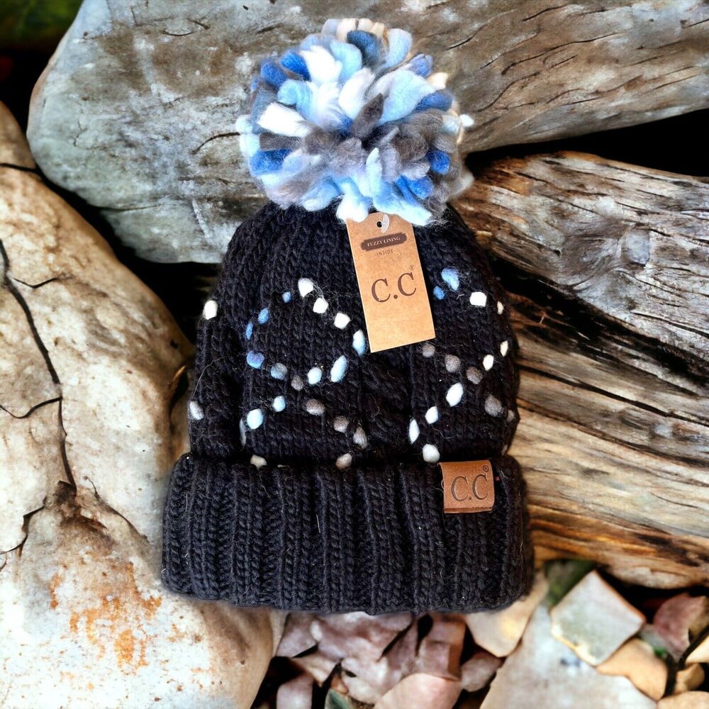 NEW C.C Multi Color Navy Knit Beanie Hat for Women With Chunky Jumbo Pom Gift
